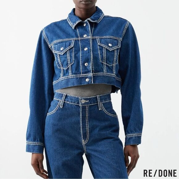 RE/ DONE **NWT** Cropped Chunky Stitch 'Trucker' Indigo Denim Jacket - Picture 1 of 16